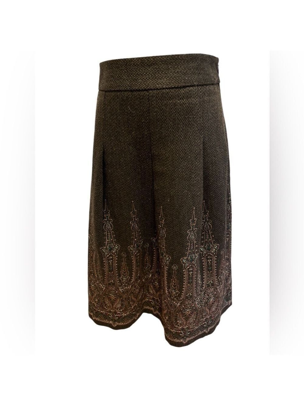 BOHO BROWN EMBROIDERED WOOL BLEND MOROCCAN HERRINGBONE WEAVE & BOX PLEATS SZ 12P